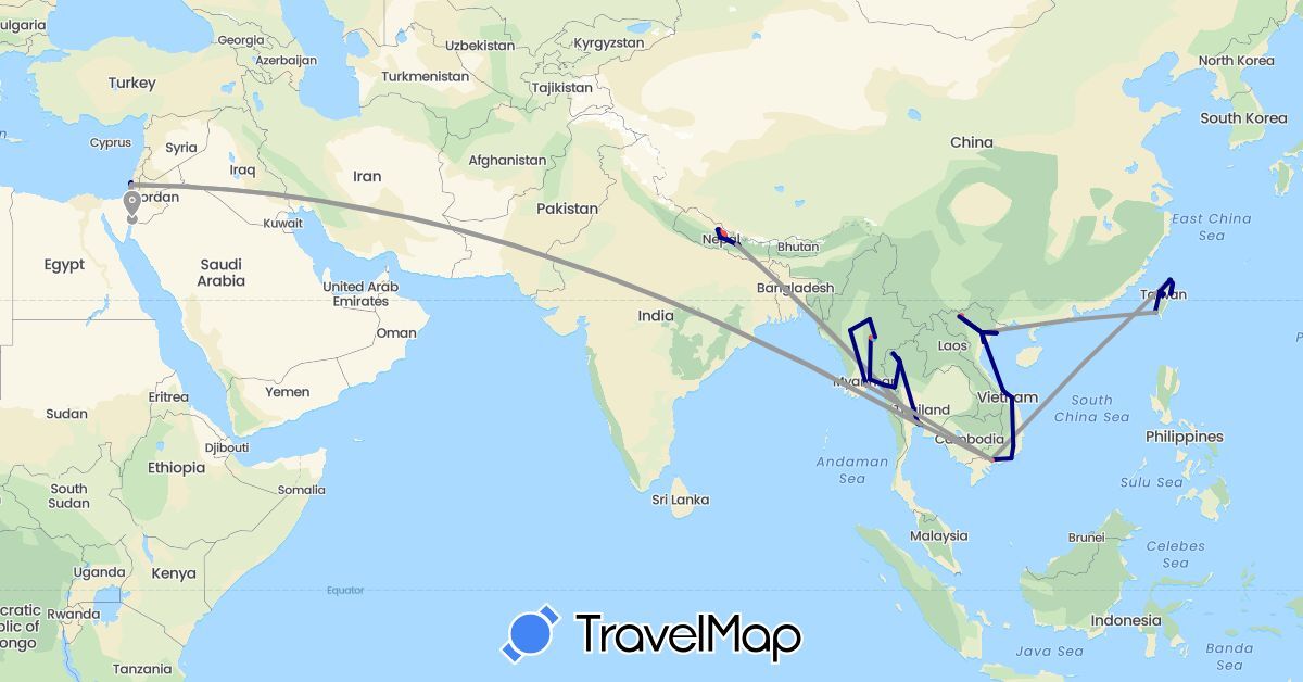 TravelMap itinerary: driving, bus, plane, cycling, hiking, boat in Israel, Myanmar (Burma), Nepal, Thailand, Taiwan, Vietnam (Asia)